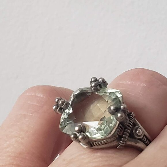 Stunning Sterling Silver Cocktail Ring Pale Blue Green Stone Signed JL - Picture 6 of 11